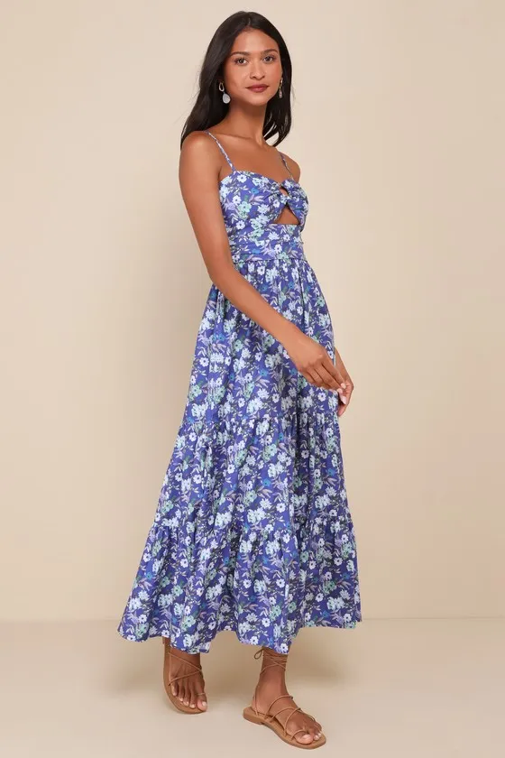 Summer Design Blue Floral Cutout O-Ring Tiered Maxi Dress sold by Lulus product image thumbnail 4