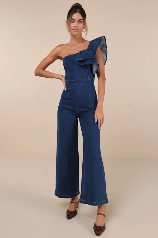 Fabulous Effect Blue Chambray One-Shoulder Wide-Leg Jumpsuit sold by Lulus
