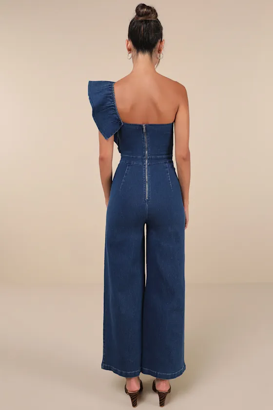 Fabulous Effect Blue Chambray One-Shoulder Wide-Leg Jumpsuit sold by Lulus product image thumbnail 2