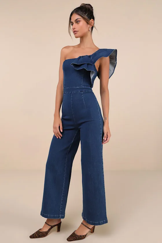 Fabulous Effect Blue Chambray One-Shoulder Wide-Leg Jumpsuit sold by Lulus product image thumbnail 3
