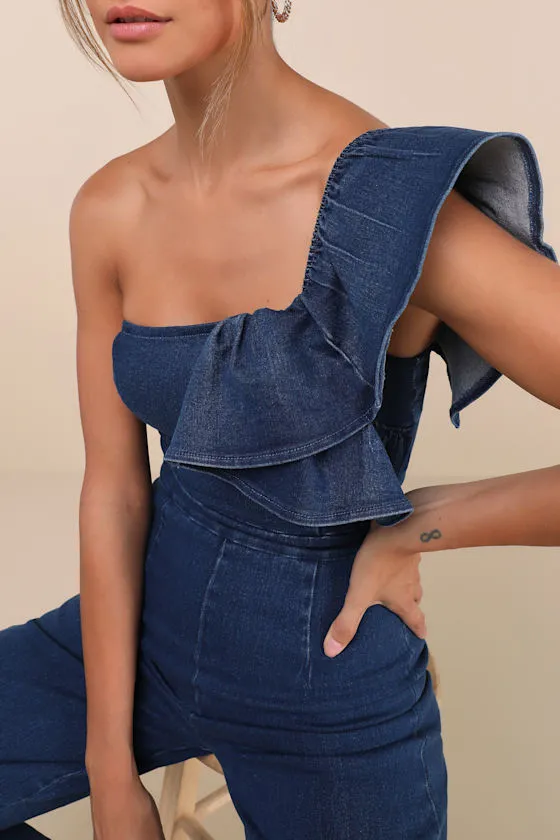 Fabulous Effect Blue Chambray One-Shoulder Wide-Leg Jumpsuit sold by Lulus product image thumbnail 4