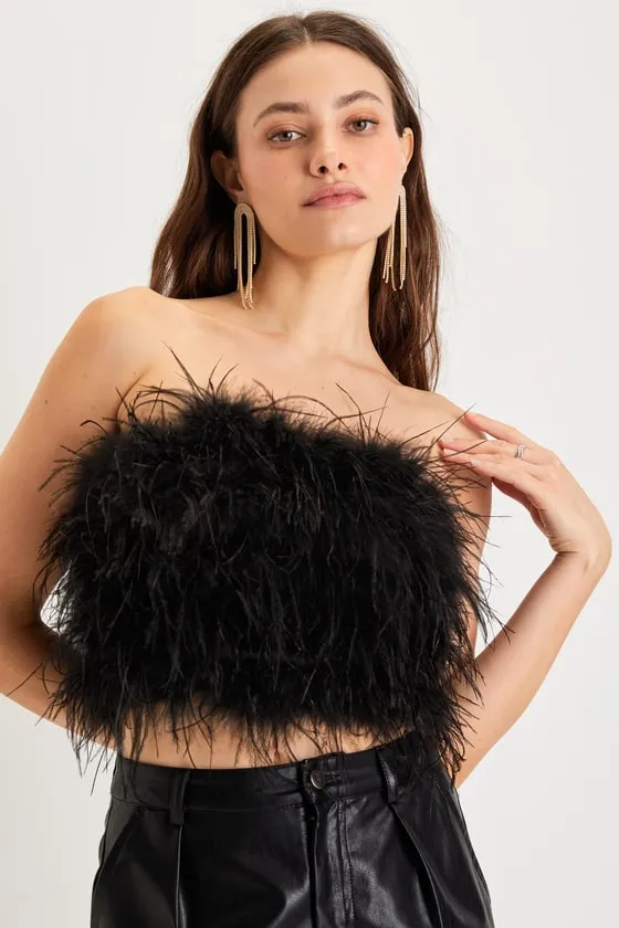 VIP Attitude Black Feather Strapless Crop Top sold by Lulus