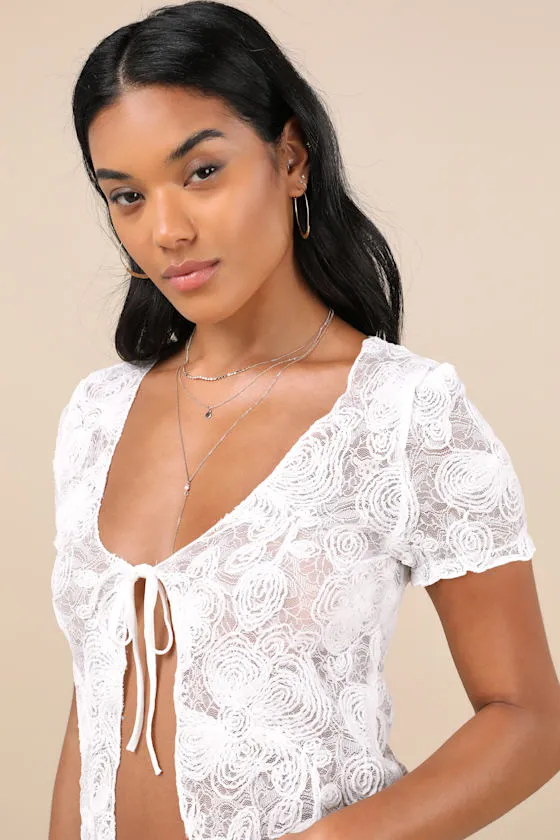 Hillary White Mesh Textured Floral Short Sleeve Tie Top sold by Lulus