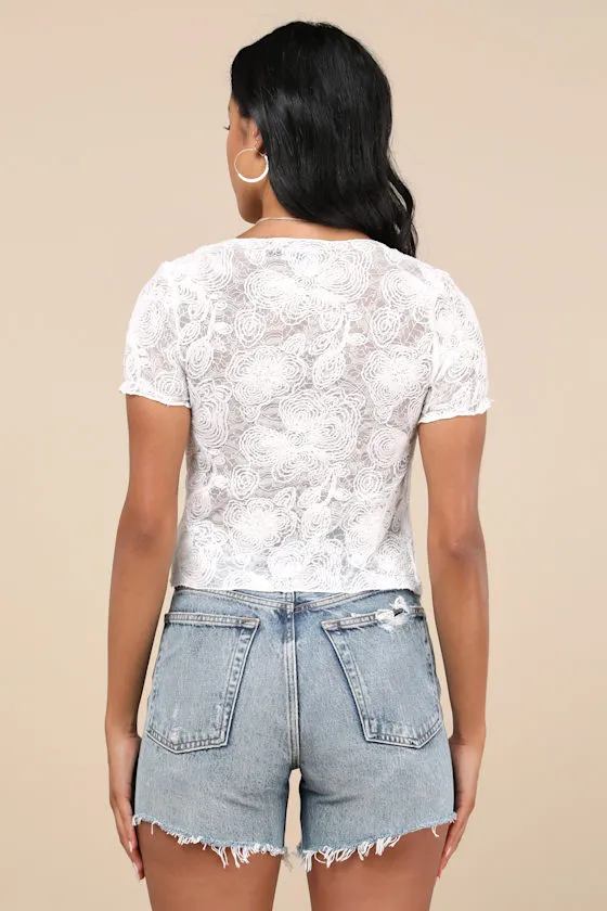 Hillary White Mesh Textured Floral Short Sleeve Tie Top sold by Lulus product image thumbnail 3