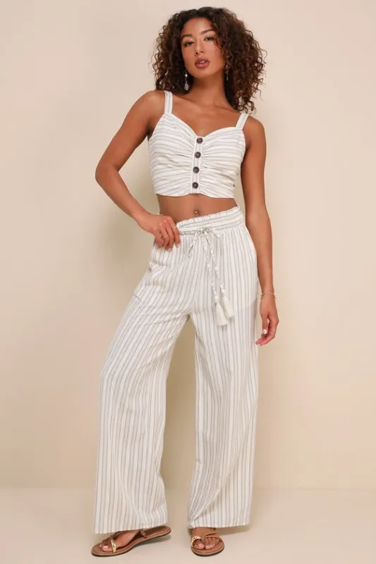 Endless Leisure Beige Multi Striped Smocked Waist Wide-Leg Pants sold by Lulus