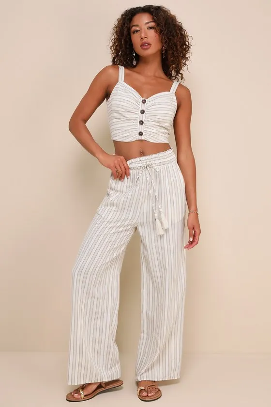Endless Leisure Beige Multi Striped Smocked Waist Wide-Leg Pants sold by Lulus