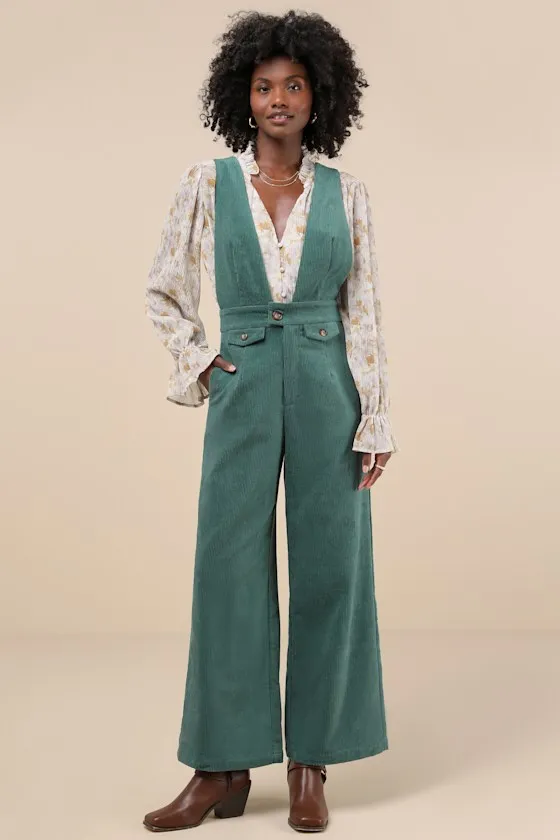 Autumn Energy Green Corduroy Wide-Leg Overall Jumpsuit sold by Lulus