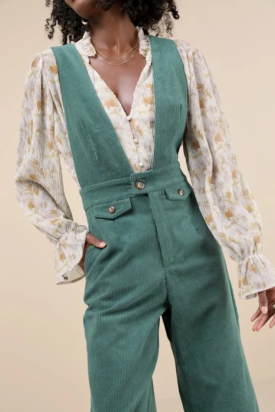 Autumn Energy Green Corduroy Wide-Leg Overall Jumpsuit sold by Lulus product image thumbnail 3