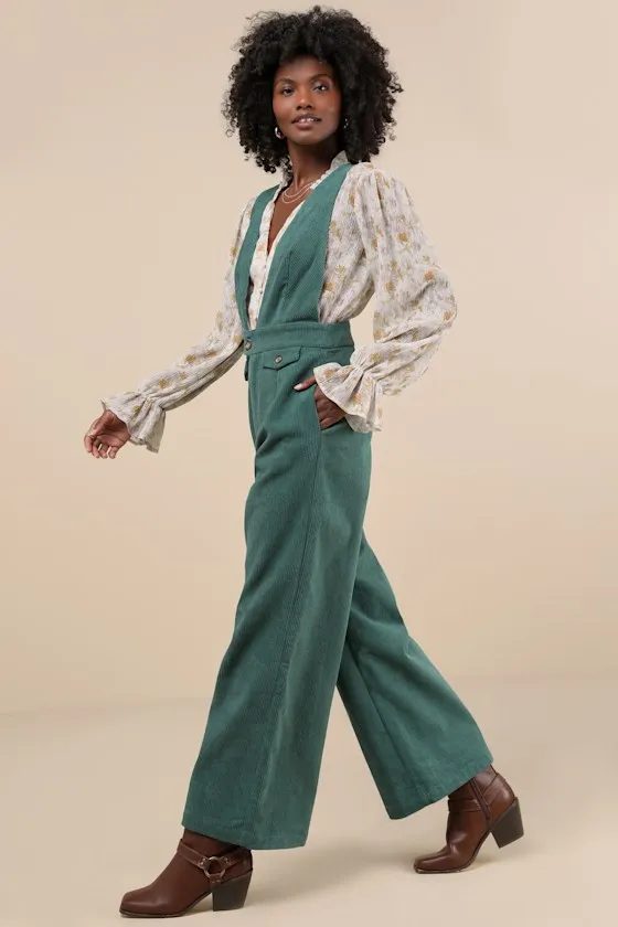 Autumn Energy Green Corduroy Wide-Leg Overall Jumpsuit sold by Lulus product image thumbnail 4