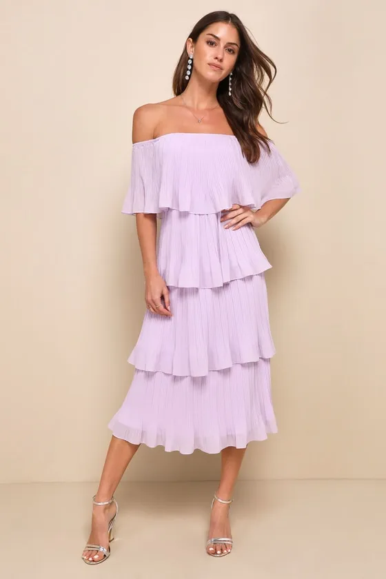 Gala Ready Lavender Off-the-Shoulder Ruffle Midi Dress sold by Lulus