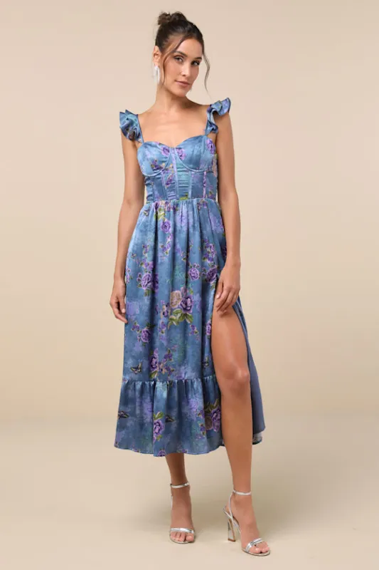 Sweet Like Sangria Blue Floral Ruffled Bustier Midi Dress sold by Lulus