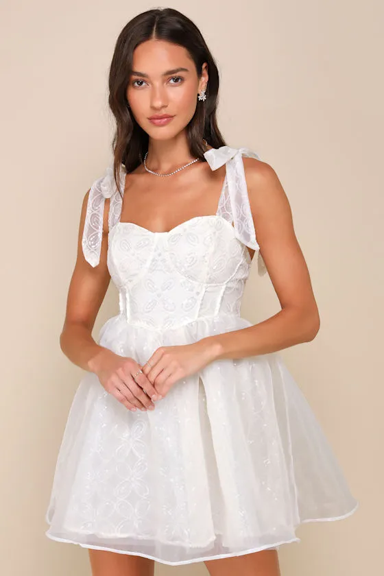 Iconic Bliss Cream Sequin Textured Bustier Tie-Strap Mini Dress sold by Lulus