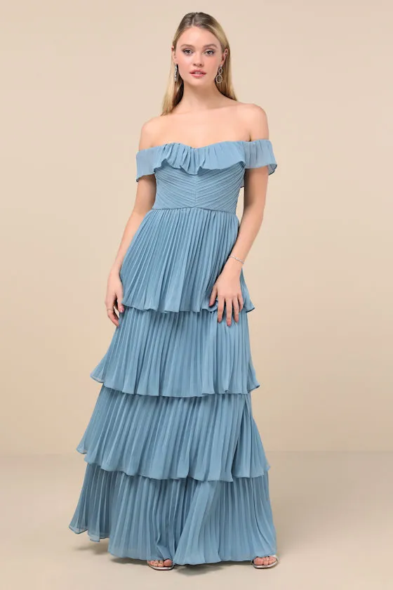 Always Remarkable Slate Blue Pleated Off-the-Shoulder Maxi Dress sold by Lulus