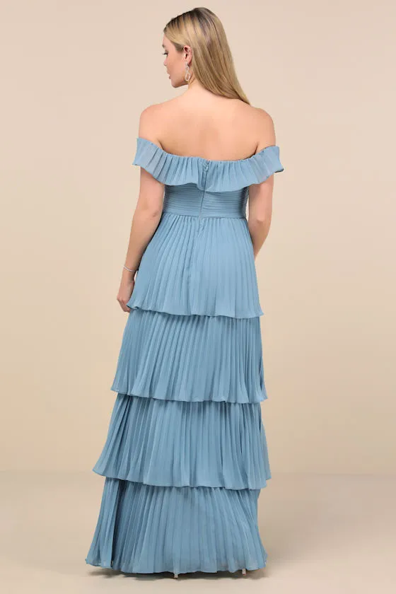 Always Remarkable Slate Blue Pleated Off-the-Shoulder Maxi Dress sold by Lulus product image thumbnail 2