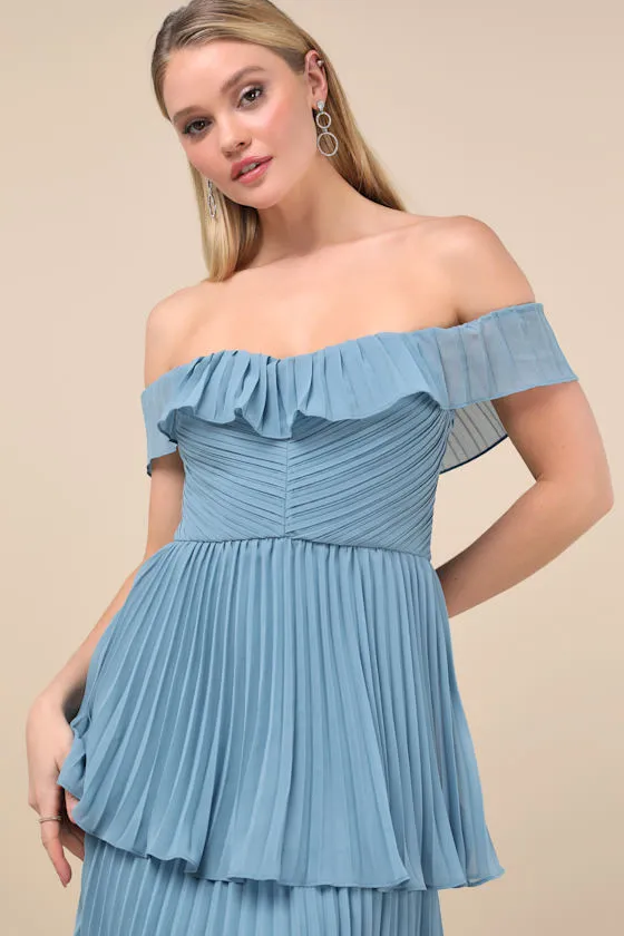Always Remarkable Slate Blue Pleated Off-the-Shoulder Maxi Dress sold by Lulus product image thumbnail 3