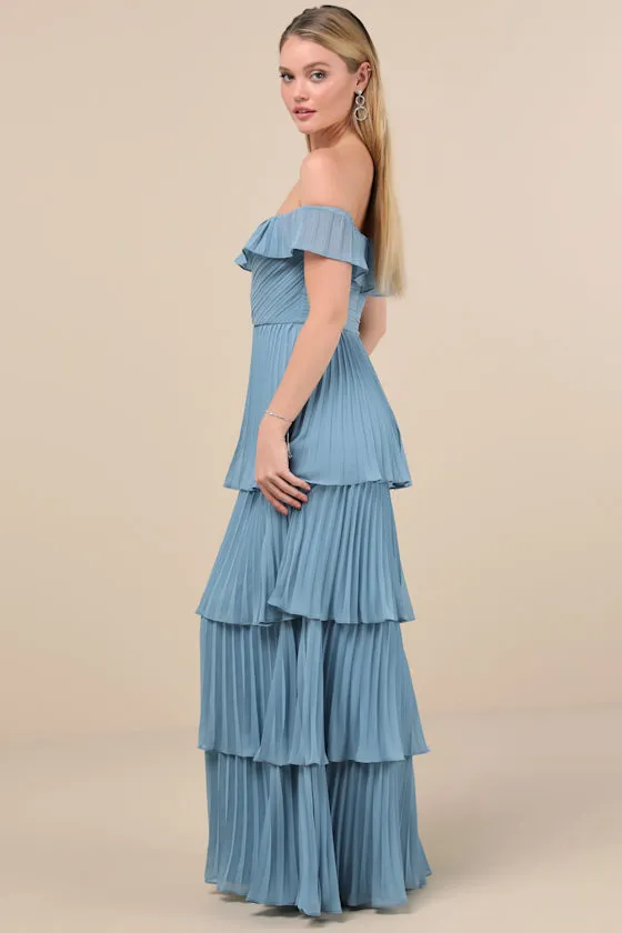 Always Remarkable Slate Blue Pleated Off-the-Shoulder Maxi Dress sold by Lulus product image thumbnail 4