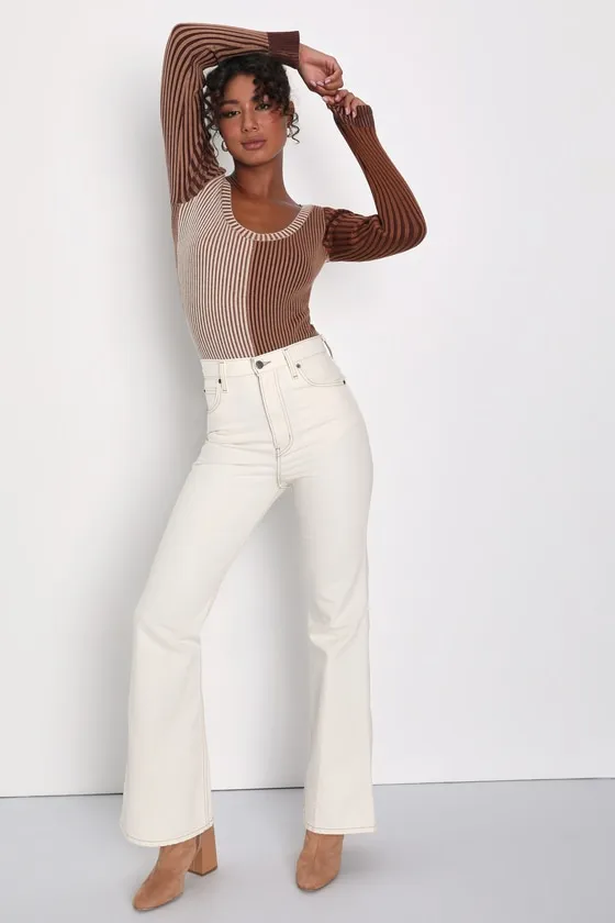 Mod Cutie Brown Color Block Ribbed Long Sleeve Bodysuit sold by Lulus product image thumbnail 2
