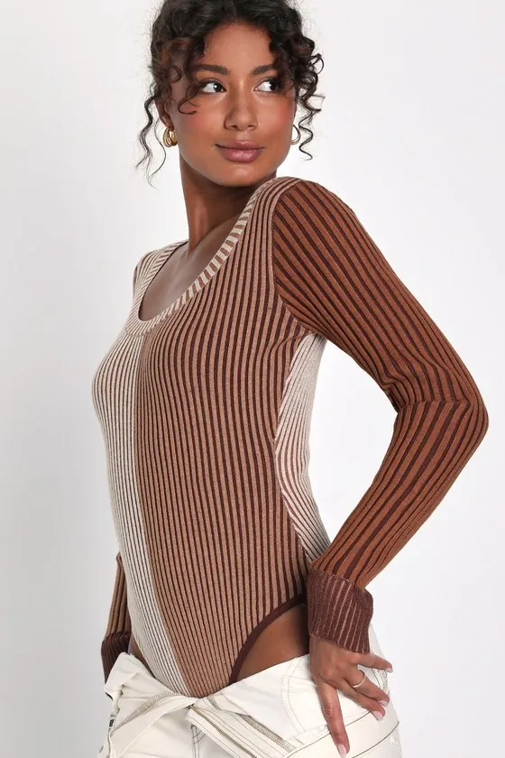 Mod Cutie Brown Color Block Ribbed Long Sleeve Bodysuit sold by Lulus product image thumbnail 4