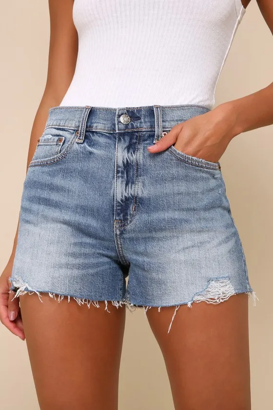 Troublemaker Distressed Medium Wash High-Rise Denim Shorts sold by Lulus product image thumbnail 3