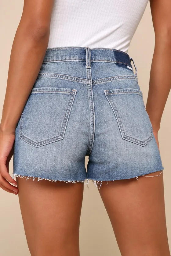 Troublemaker Distressed Medium Wash High-Rise Denim Shorts sold by Lulus product image thumbnail 4