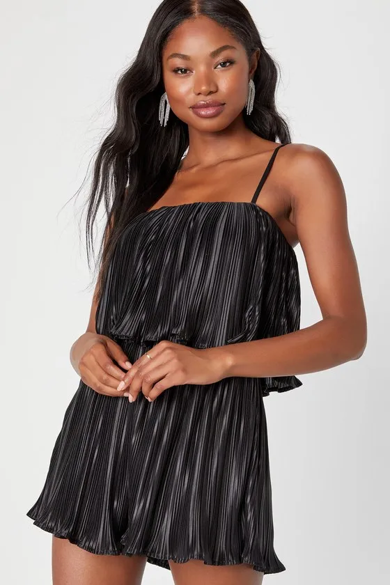 Fun Flirt Black Satin Plisse Sleeveless Romper sold by Lulus product image thumbnail 2
