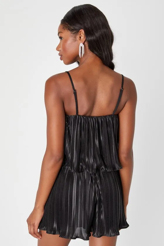 Fun Flirt Black Satin Plisse Sleeveless Romper sold by Lulus product image thumbnail 3