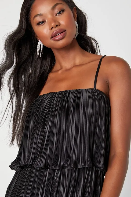 Fun Flirt Black Satin Plisse Sleeveless Romper sold by Lulus product image thumbnail 4