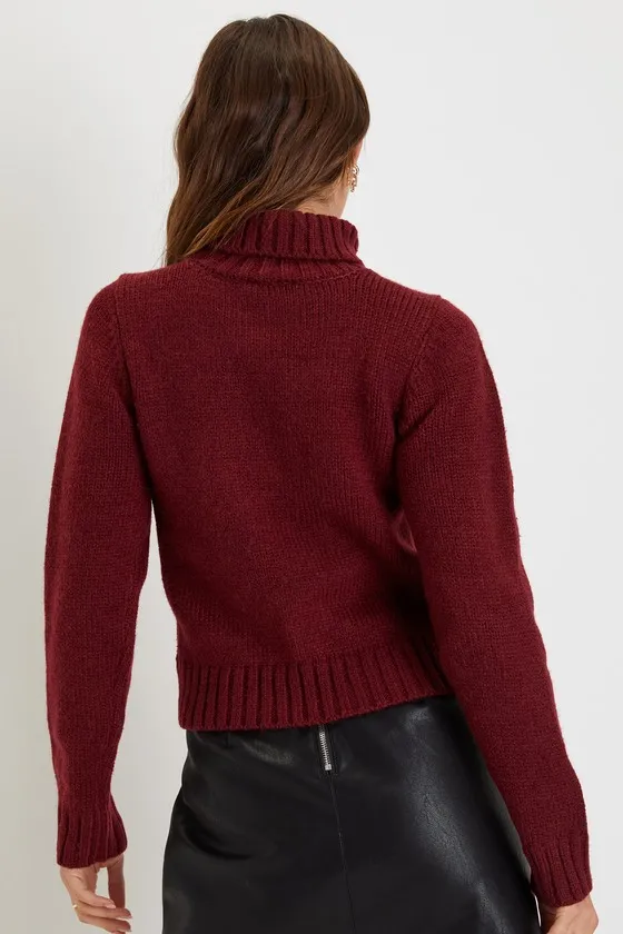 Snuggly Touch Burgundy Cable Knit Turtleneck Sweater sold by Lulus product image thumbnail 3