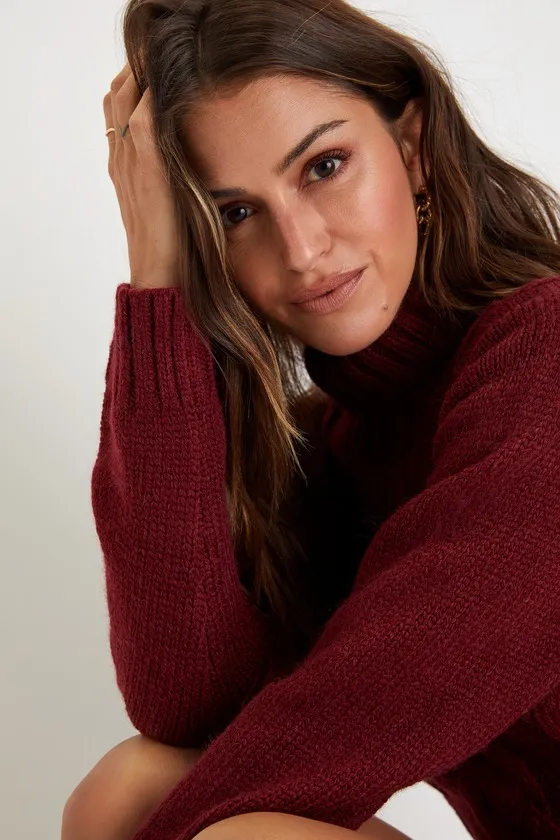 Snuggly Touch Burgundy Cable Knit Turtleneck Sweater sold by Lulus product image thumbnail 4