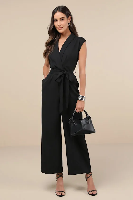 Impressive Direction Black Collared Sleeveless Wide-Leg Jumpsuit sold by Lulus