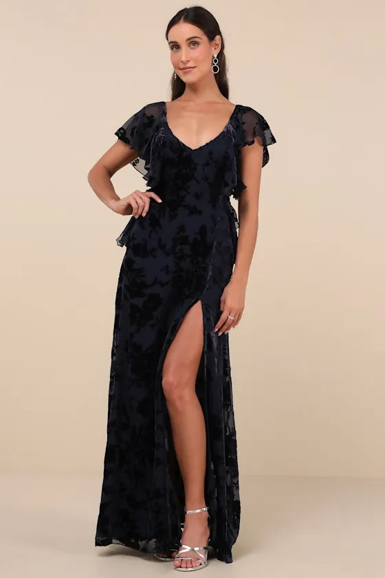 Romantic Wonder Navy Burnout Velvet Ruffled Tie-Back Maxi Dress sold by Lulus