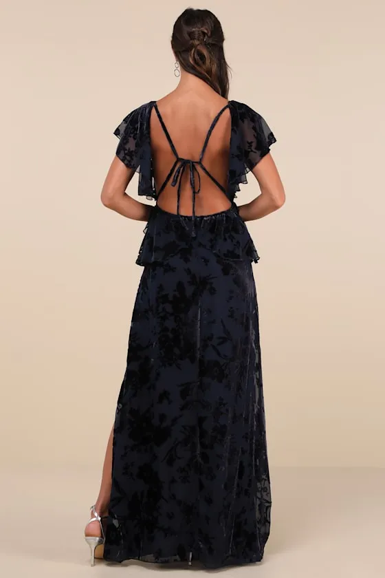 Romantic Wonder Navy Burnout Velvet Ruffled Tie-Back Maxi Dress sold by Lulus product image thumbnail 2