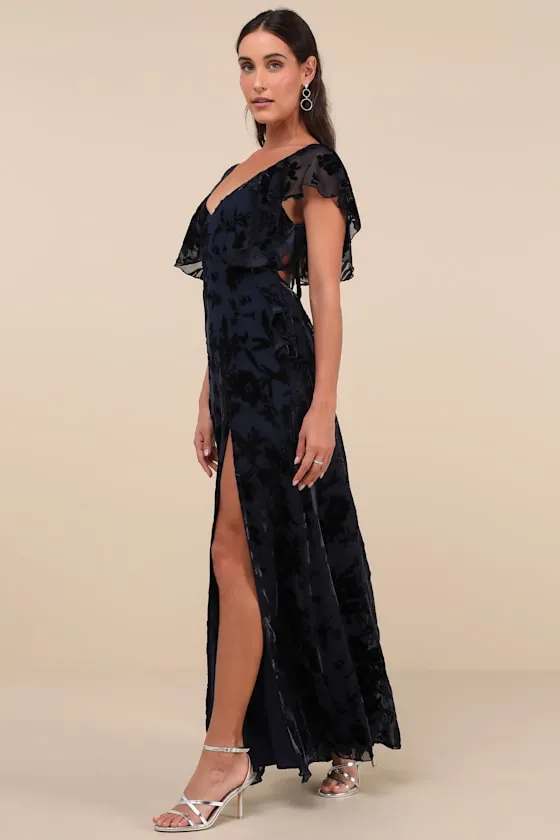 Romantic Wonder Navy Burnout Velvet Ruffled Tie-Back Maxi Dress sold by Lulus product image thumbnail 3