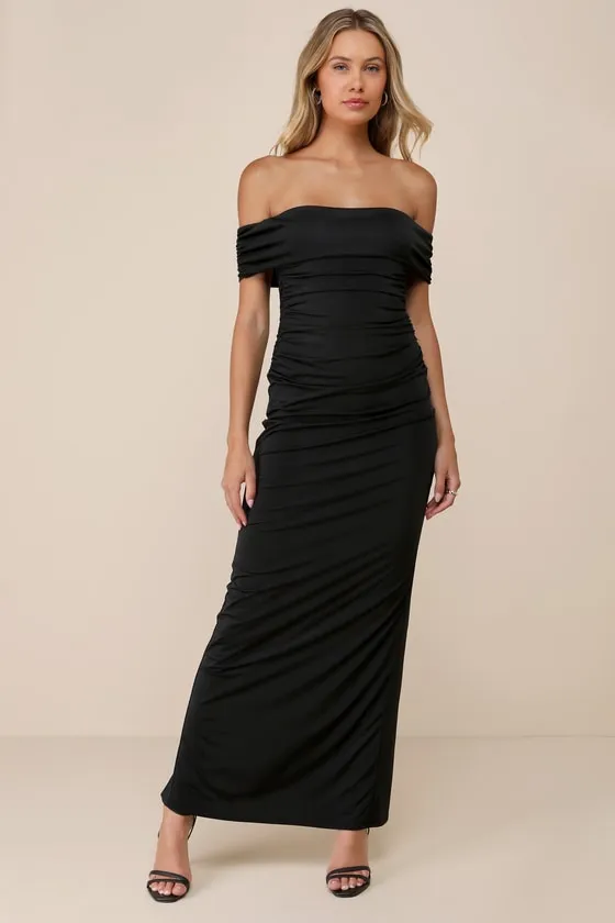 Brilliant Elegance Black Off-the-Shoulder Backless Maxi Dress sold by Lulus