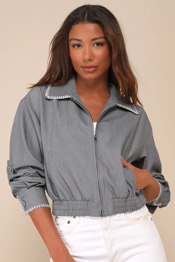 Cool Impulse Grey Embroidered Bomber Jacket sold by Lulus