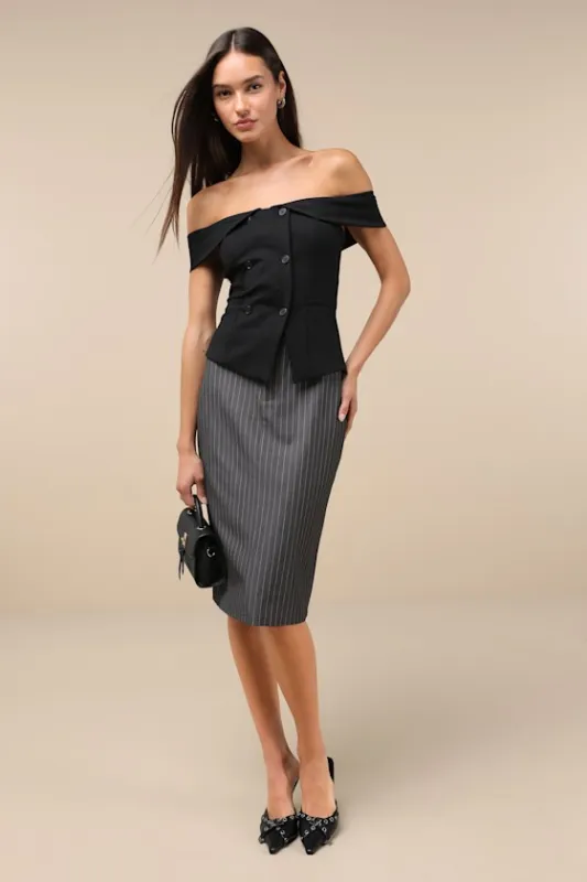 Refined Element Grey Pinstriped High-Rise Midi Skirt sold by Lulus