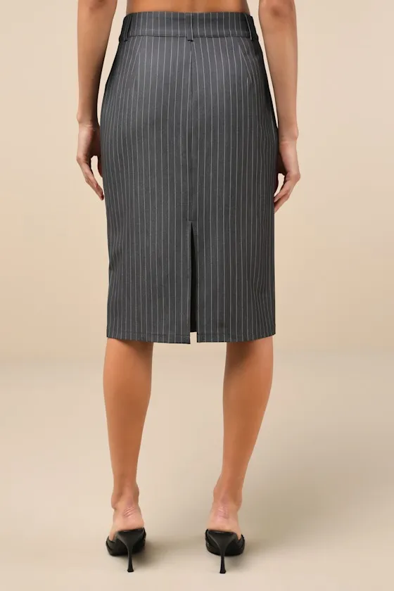 Refined Element Grey Pinstriped High-Rise Midi Skirt sold by Lulus product image thumbnail 3