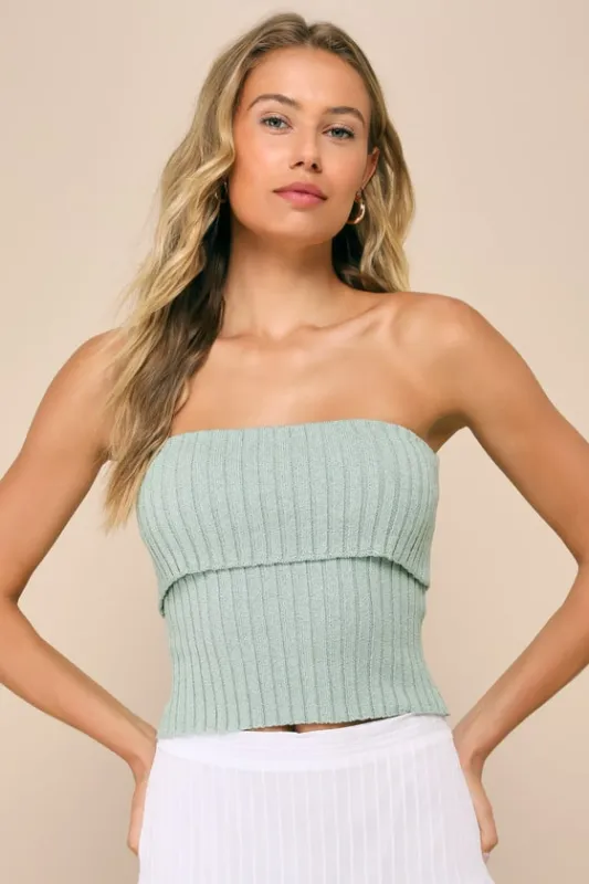 Stylish Intentions Sage Green Ribbed Strapless Top sold by Lulus