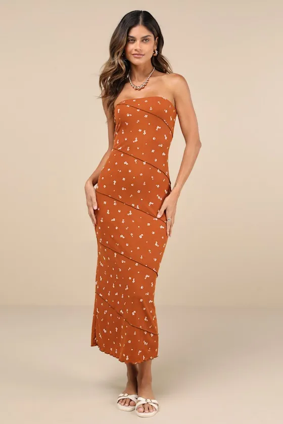 Summery Spirit Rust Floral Ribbed Strapless Midi Dress sold by Lulus product image thumbnail 2