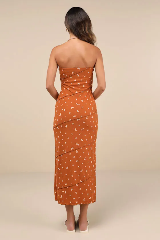 Summery Spirit Rust Floral Ribbed Strapless Midi Dress sold by Lulus product image thumbnail 4