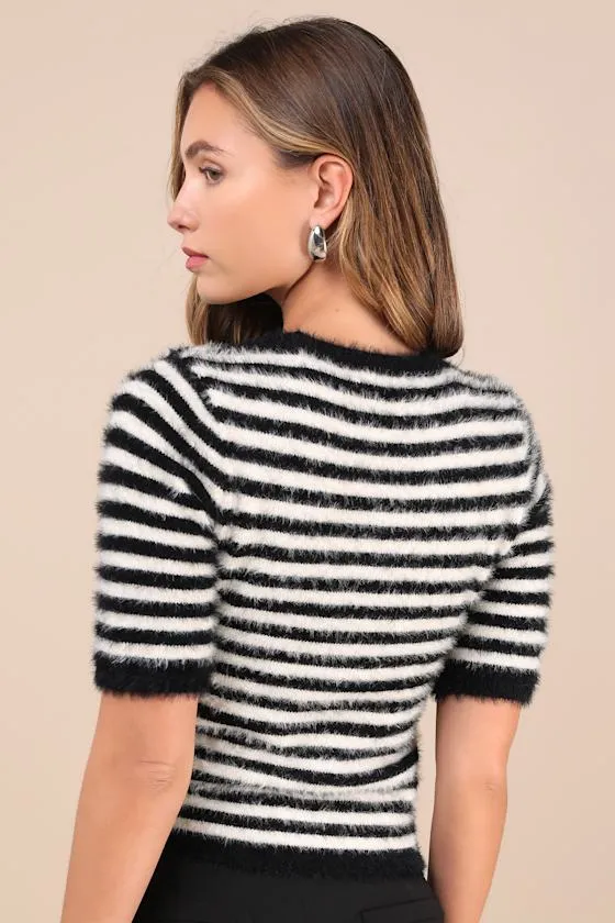 Classy Comfort Black and White Striped Eyelash Knit Sweater Top sold by Lulus product image thumbnail 3