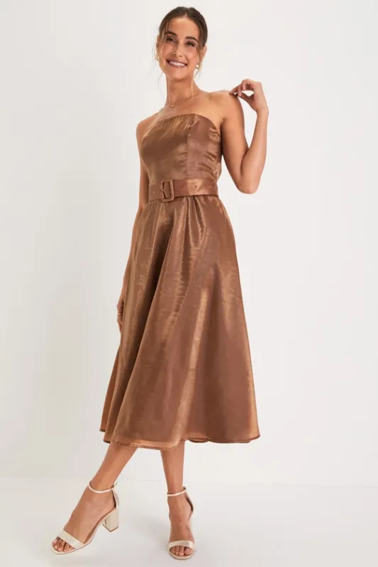 Chicly Stunning Shiny Brown Strapless Belted Midi Dress sold by Lulus