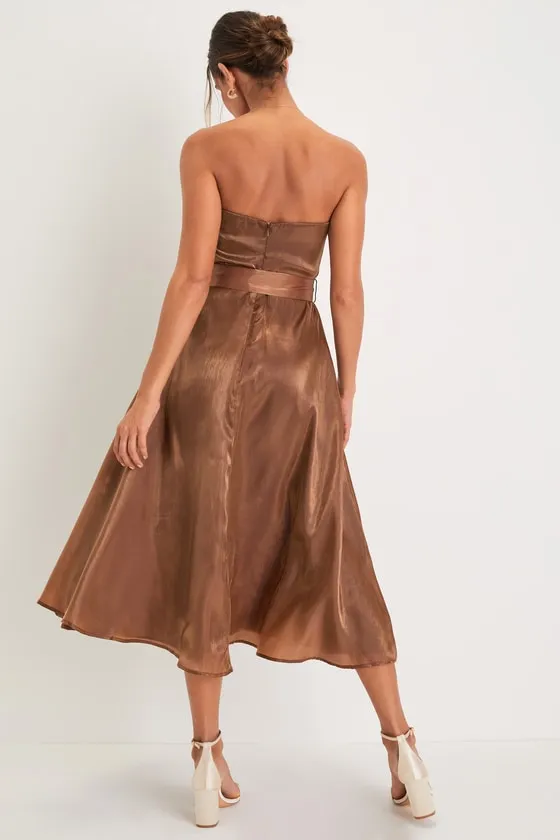 Chicly Stunning Shiny Brown Strapless Belted Midi Dress sold by Lulus product image thumbnail 2