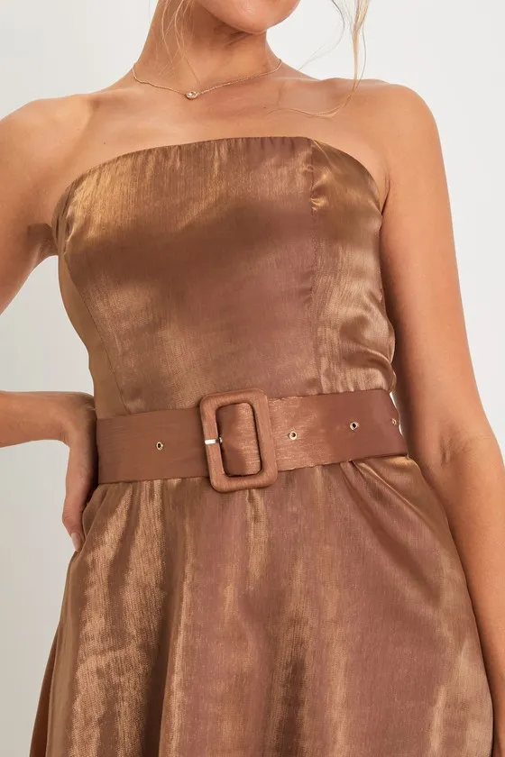 Chicly Stunning Shiny Brown Strapless Belted Midi Dress sold by Lulus product image thumbnail 3