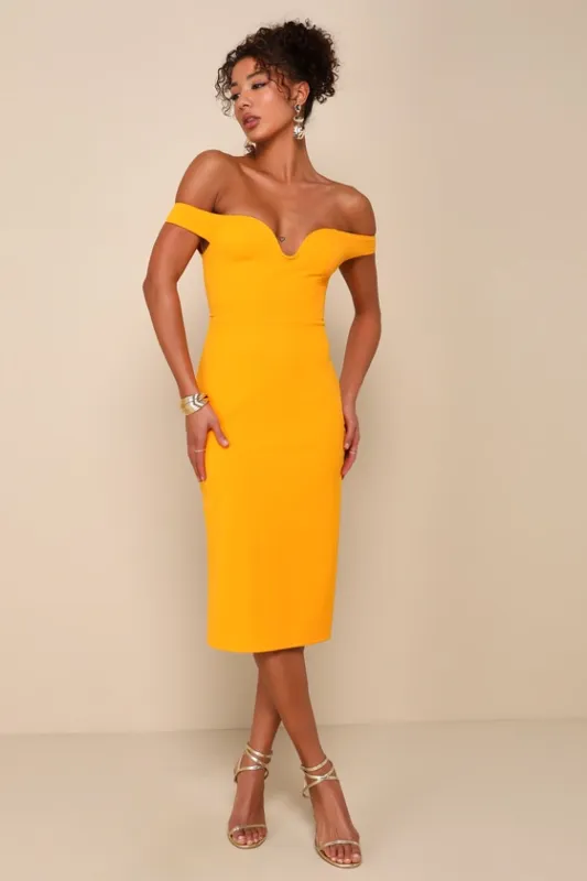 Soiree Favorite Golden Yellow Off-the-Shoulder Midi Dress sold by Lulus