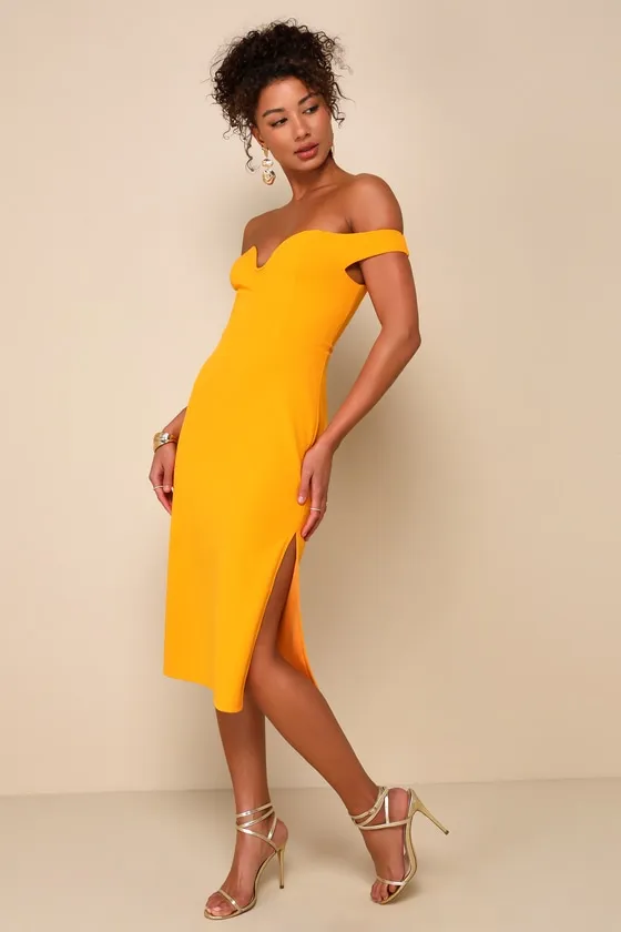Soiree Favorite Golden Yellow Off-the-Shoulder Midi Dress sold by Lulus product image thumbnail 2