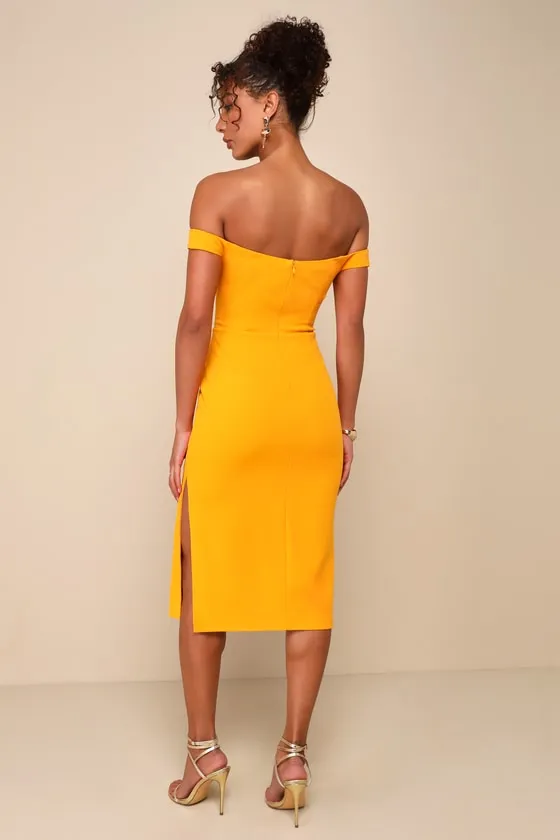 Soiree Favorite Golden Yellow Off-the-Shoulder Midi Dress sold by Lulus product image thumbnail 3