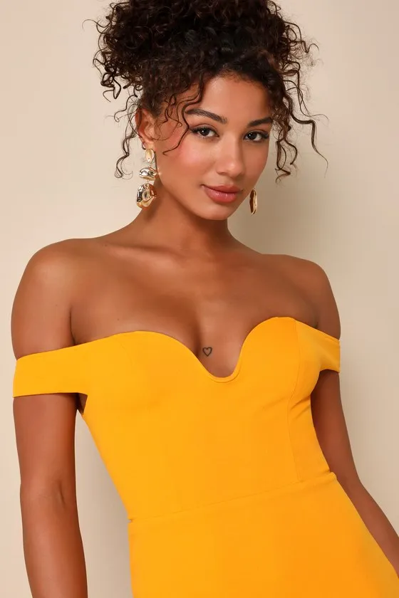Soiree Favorite Golden Yellow Off-the-Shoulder Midi Dress sold by Lulus product image thumbnail 4