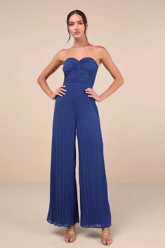 Certainly Charming Blue Pleated Strapless Wide-Leg Jumpsuit sold by Lulus