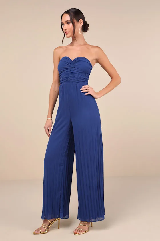 Certainly Charming Blue Pleated Strapless Wide-Leg Jumpsuit sold by Lulus product image thumbnail 3